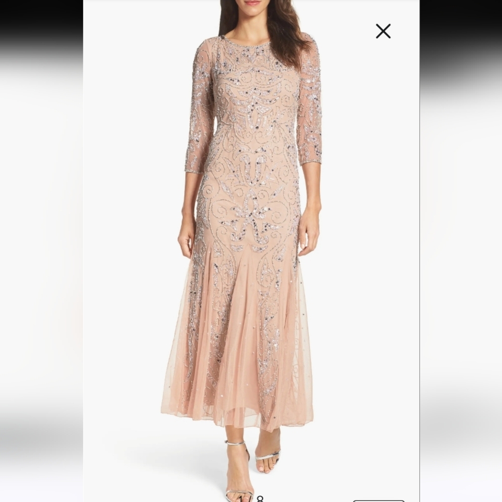 Pisarro Nights illusion Sleeve Beaded A-Line Gown